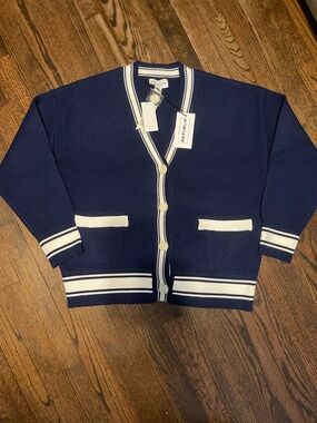 For The Republic Navy Cardigan with White Trim